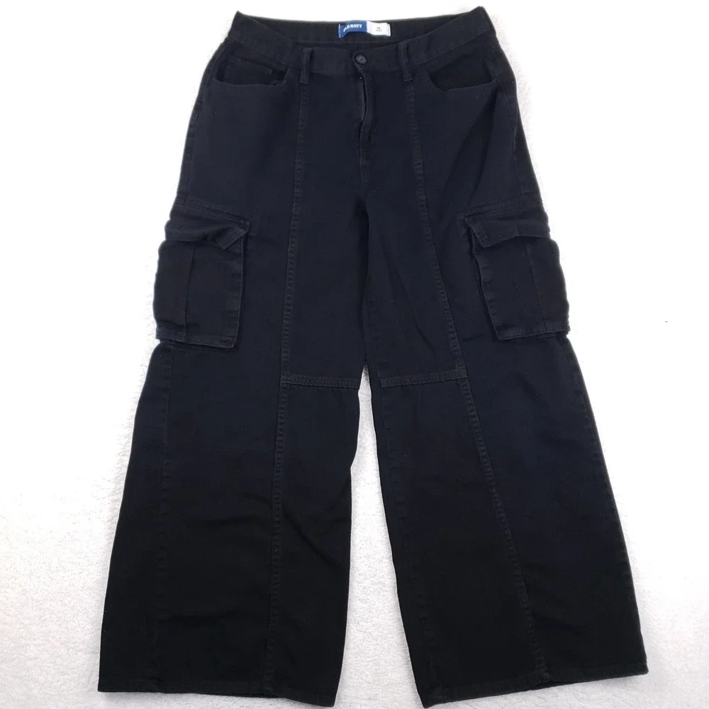 Old Navy Black Cargo Pants Wide Leg High Rise Utility Cotton 18 Plus Girls